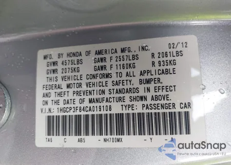 2012 Honda Accord 3.5 Ex-L z USA, uszkodzony, nr VIN 1HGCP3F84CA019108